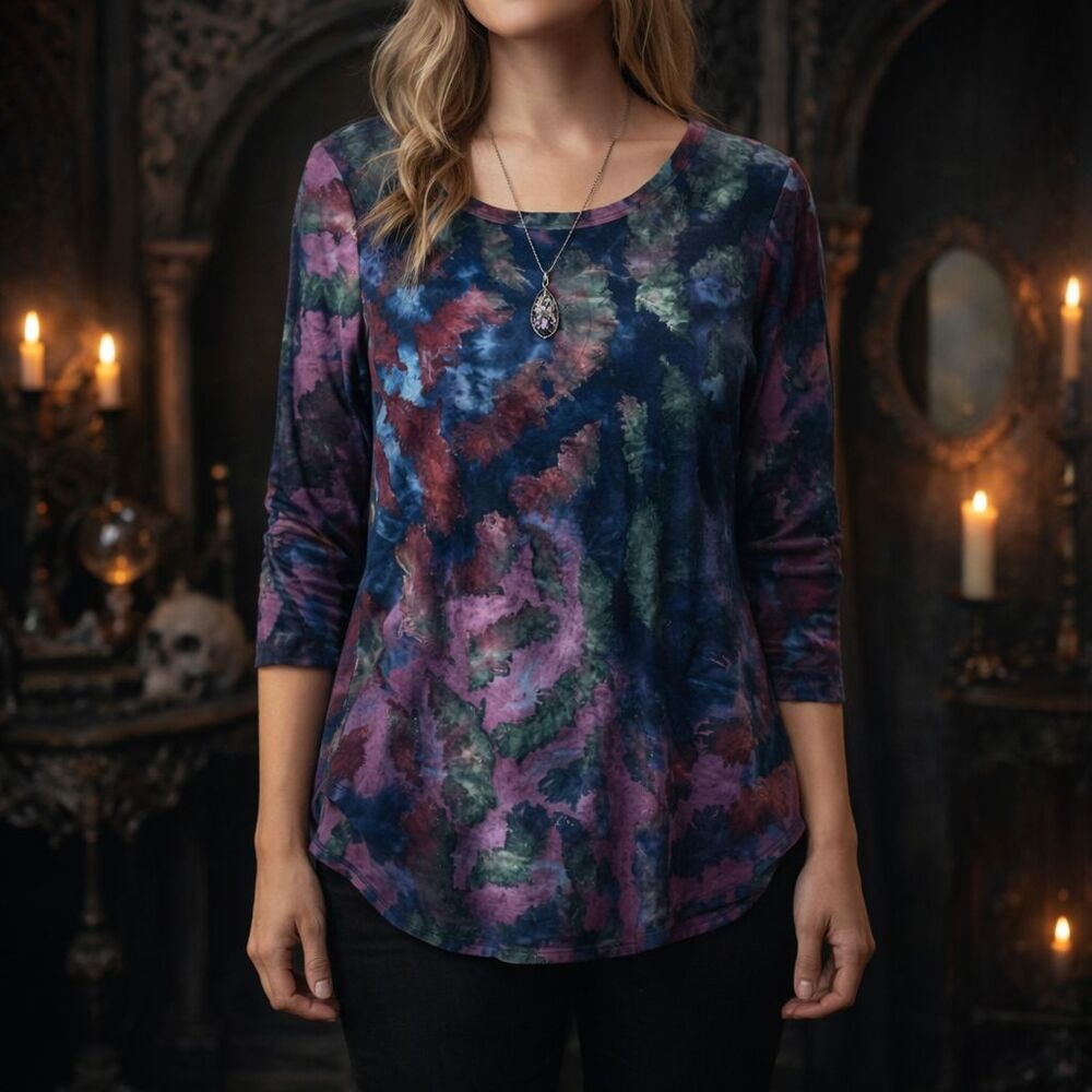 Karen Kane Womens Whimsigoth Artsy Textured Blouse Top Size S Purple 3/4 Sleeve